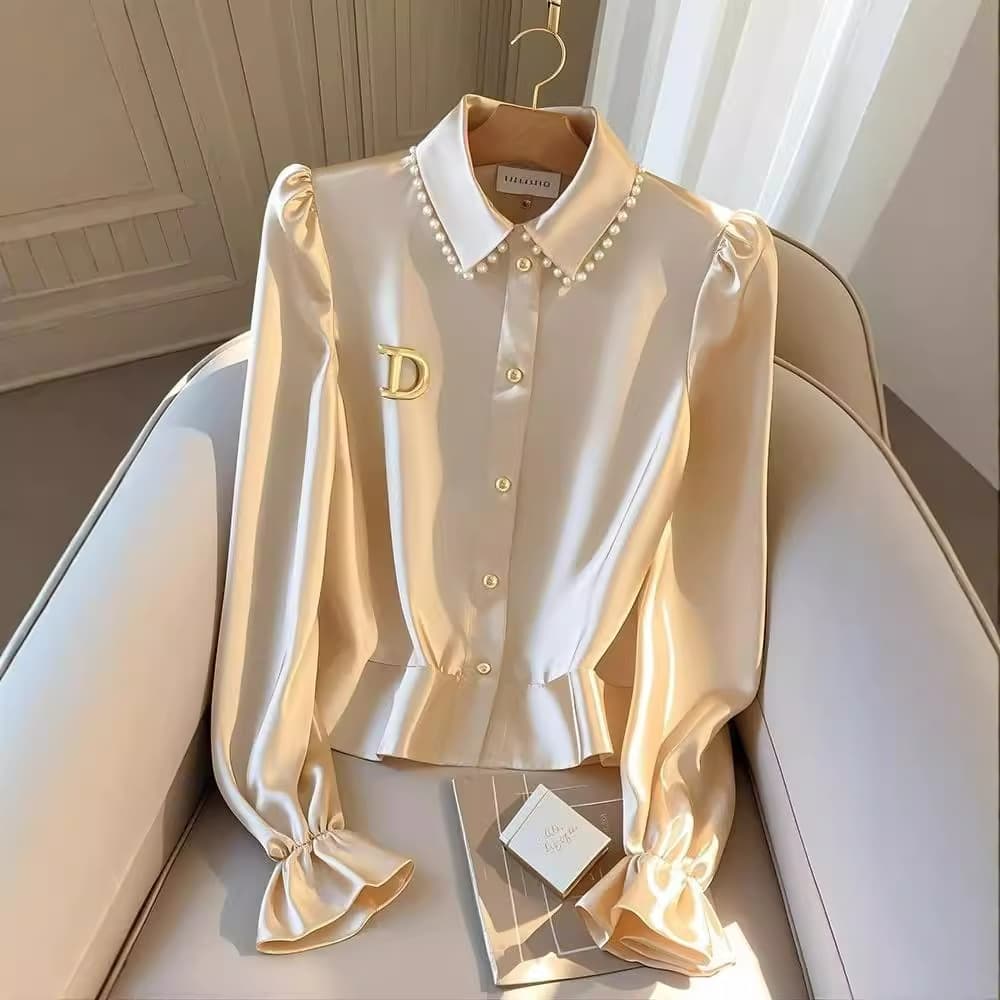 Women's Clothing style champagne satin long sleeved shirt for women early autumn 2024 stylish high end chic beautiful waist top