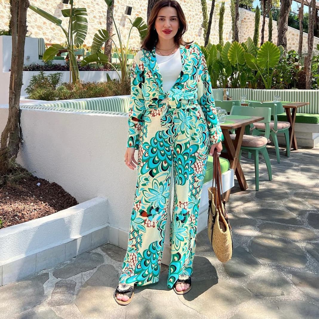 Women's Clothing autumn new fashion printed long sleeved shirt high waist wide leg trousers suit