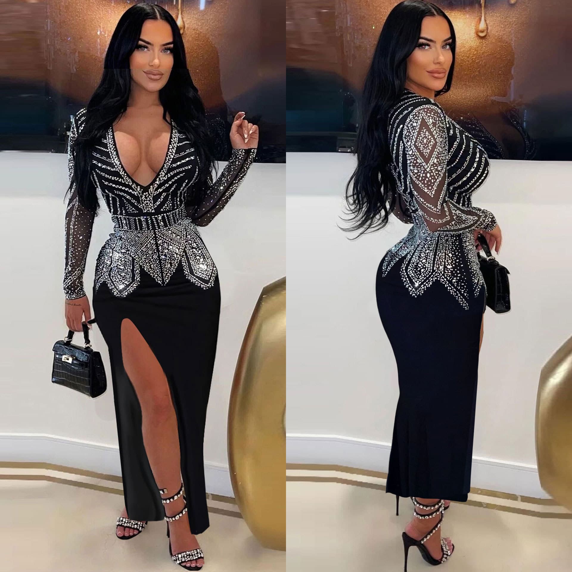 Elegant Sexy Bodycon Dress With V-Neck & High Slit - Stretchy Glitter Mesh Long Sleeve Evening Gown For Women