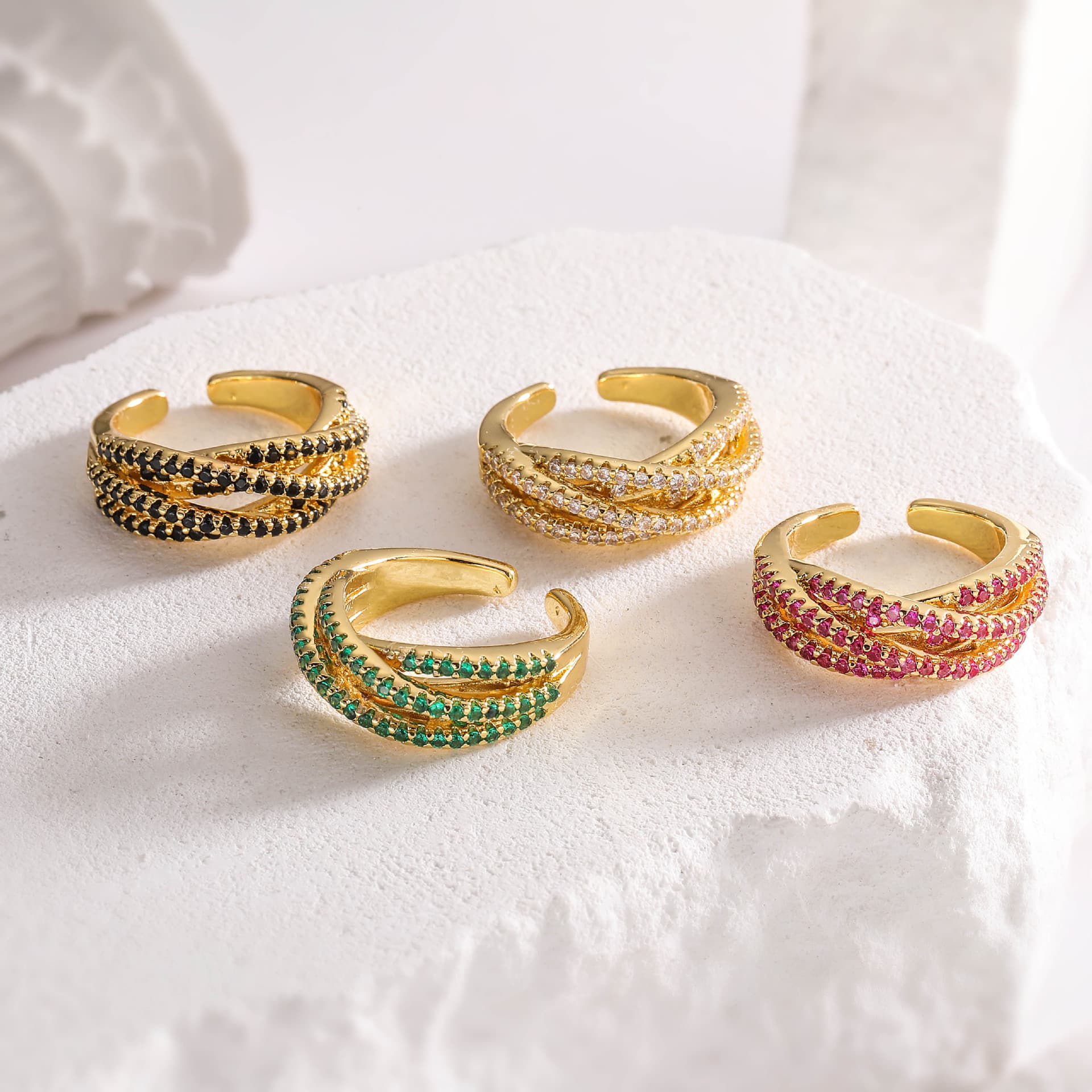 Women's Jewelry Open Crossover Ring With Colorful Zircon Stones, Elegant Geometric Design, Gold & Silver Tone Options Diamond Surround Ring