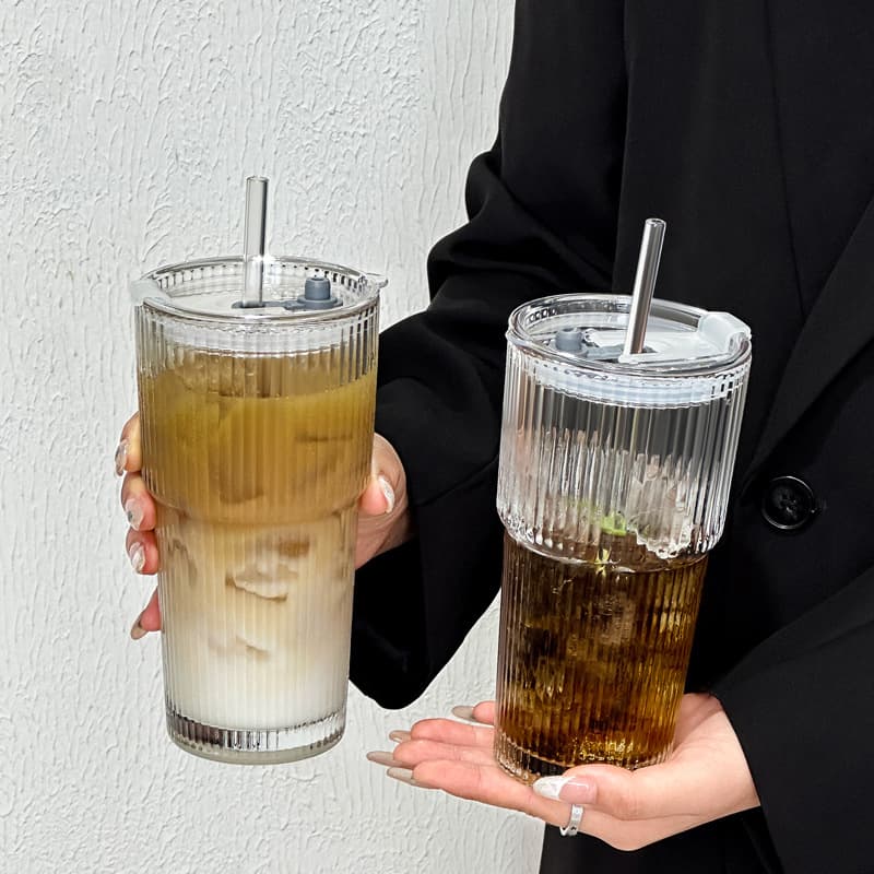 High-Quality Cold Drink Juice Coffee With Lid And Straw Vertical Striped Glass Water Cup Ins Style Large Capacity