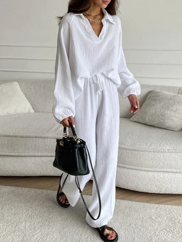 Elegant Ladies Casual Loose Suit Long Sleeved Top + Drawstring Trousers Suit Spring And Autumn Lapel Two Piece Suit