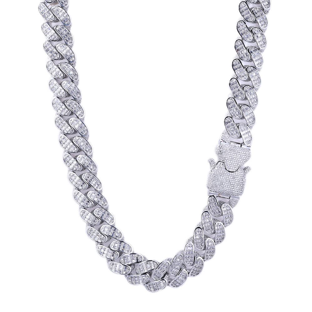 Men's Jewelry 18mm Triple Row Cuban Link Chain With T-Cut Zirconia Stones, Hip Hop Style Necklace For Men, Gold And Silver Tone Options