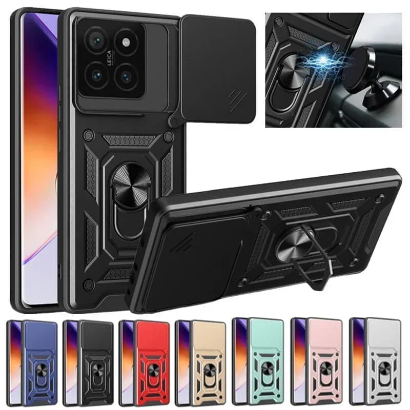 Case For Xiaomi 15 Pro 14T Pro 5G Redmi Note 14 5G Slide Camera Lens Protection Magnetic Ring Stand Armor Shockproof Cover