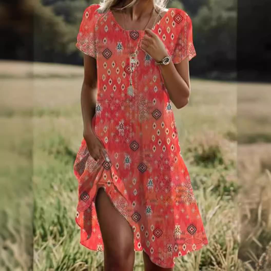 Women's Clothing Summer Hot Sale Literary Ethnic Style Large Round Neck Mid Length Dress