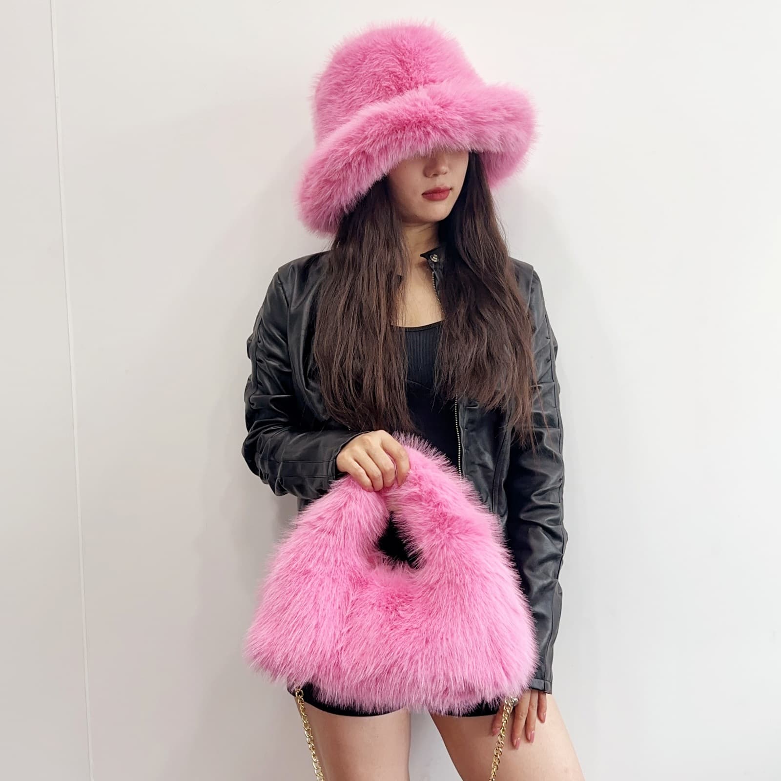 Faux Fox Fur Hobo Bag & Bucket Hat Set - Winter Fashion Accessories In Leopard Print, Black, Pink, Red, Blue, White, Beige, Brown, Rose​