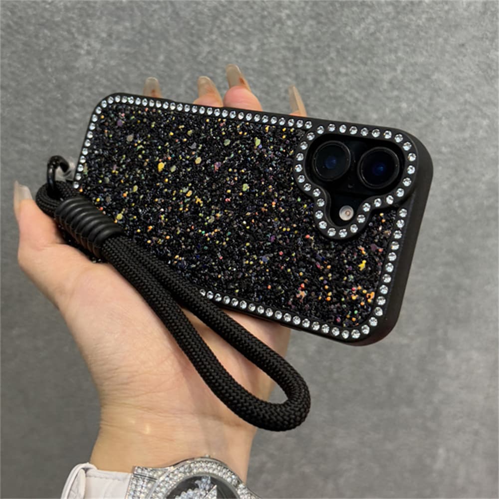 Glitter Sequins Wrist Rope Strap Phone Case For Iphone 15 14 13 12 11 Pro Max 16 Plus Rhinestone Frame Protection Back