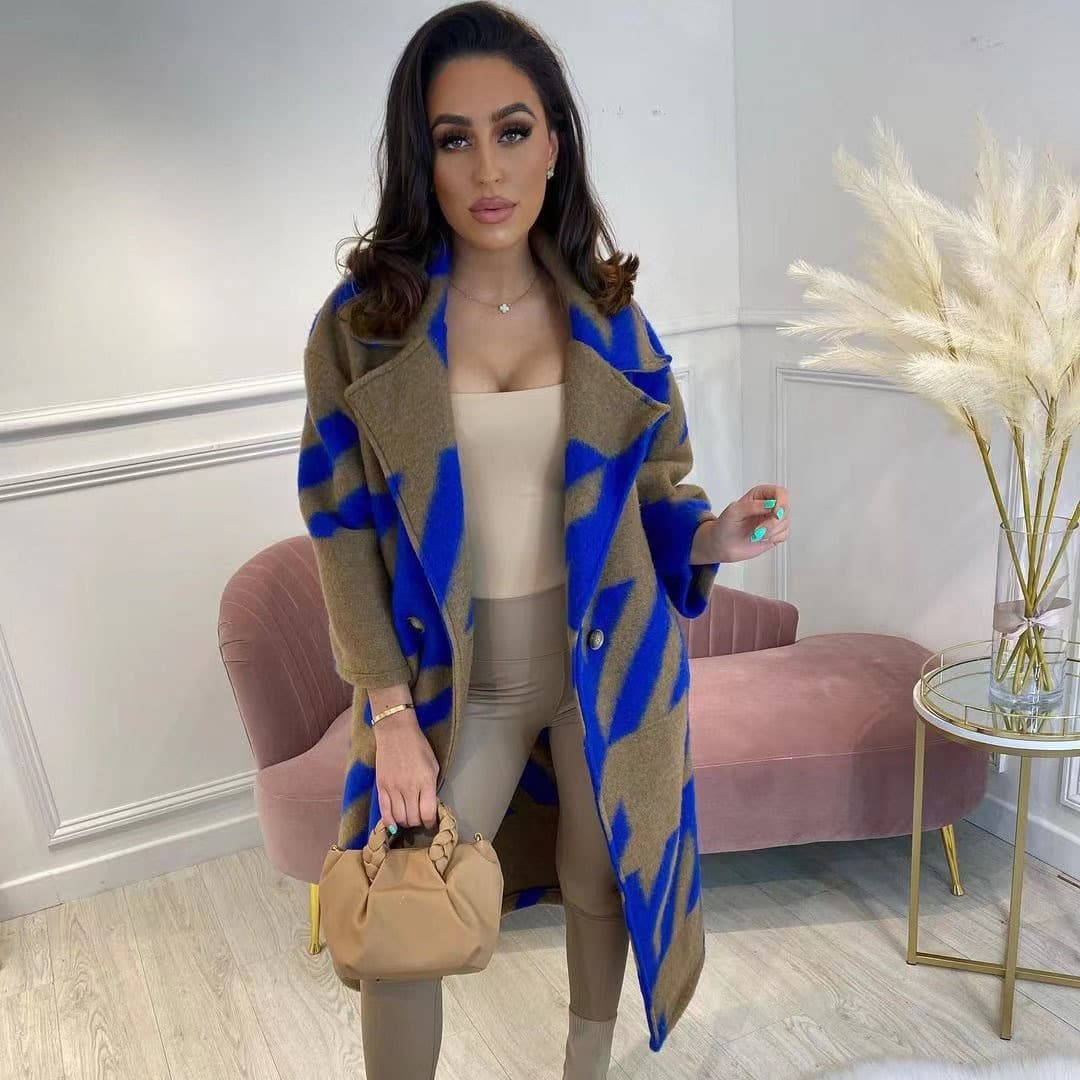 Women's clothing, various color matching, fashionable long-sleeved lapel jackets, printed woolen coats