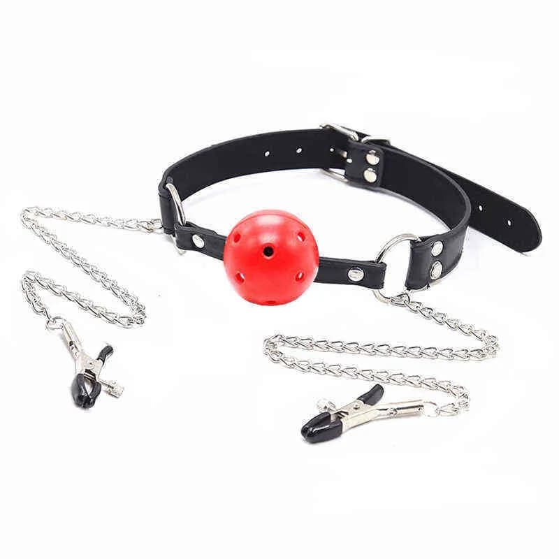 2023 Adult toys Sexy Toys PU Leather Mouth Gag Ball Oral With Chain Nipple Clip Fetish Bondage Clamps Erotic To