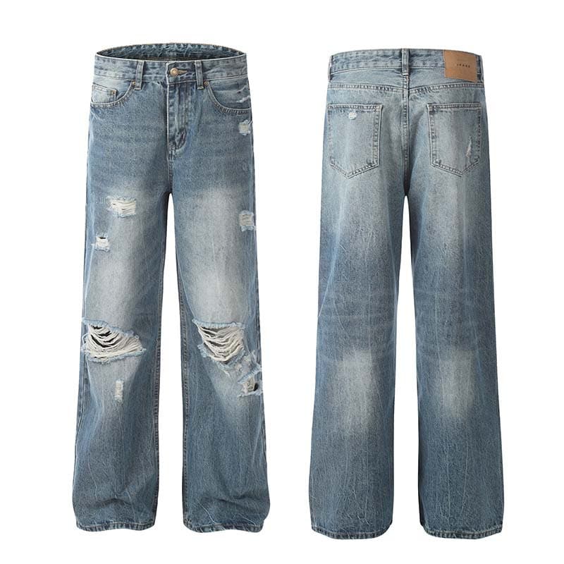 Men's Clothing Washed Distressed Ripped Drape Niche Jeans Men And Women Trendy Retro Loose Casual Straight Pants