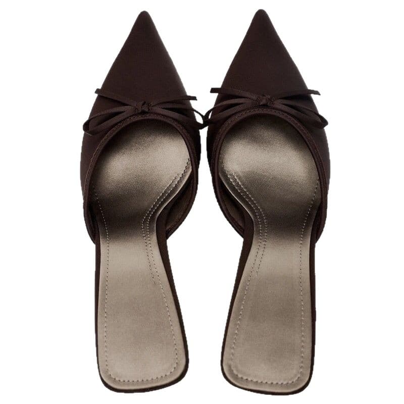 Women's Pointed Toe Bow Detail Satin Mule Heels Slip-On Dress Shoes For Fall Satin Bow Embellished High Heeled Mules Low Cut Outerwear Shoes