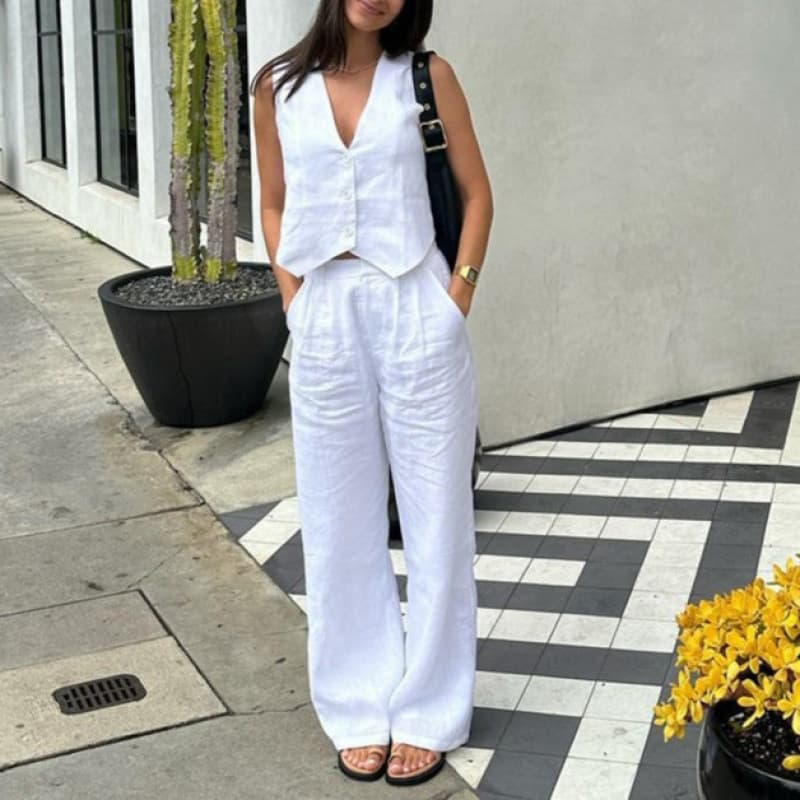 [Cotton Linen] Women's Clothing V Neck Sleeveless Vest Vest Solid Color All Match Daily Leisure Comfortable Trousers Suit