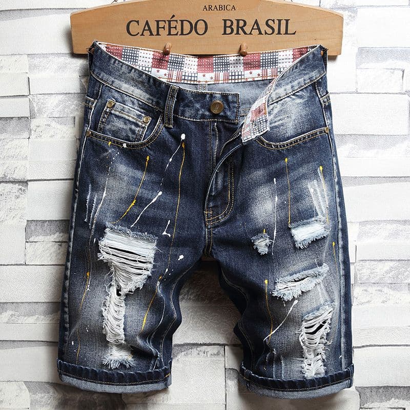 Man's Clothing Ripped Denim Shorts Men Casual Personality Straight Leg Loose Fifth Medium Pants Trend Paint