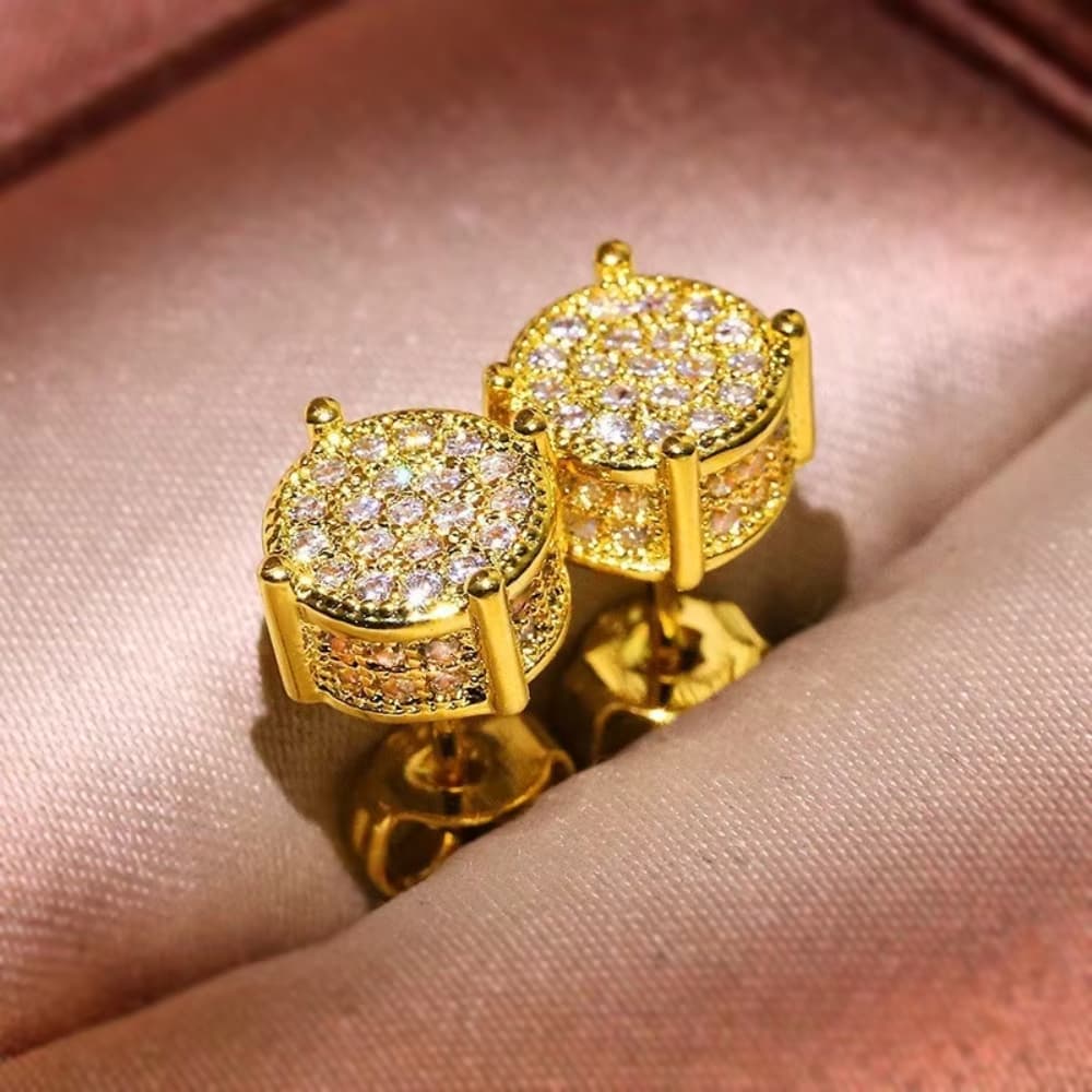 New European Hip Hop Round Stud Earrings, Gold Silver Color Full Paved Shiny Zircon, Exquisite Piercing Jewelry Gifts For Men And Women