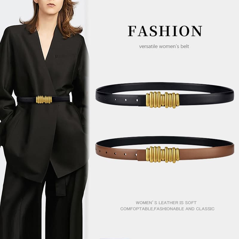 2024 New Women's Genuine Leather Leisure Caterpillar Smooth Buckle Belt Korean Edition Slimming Jeans with Tide