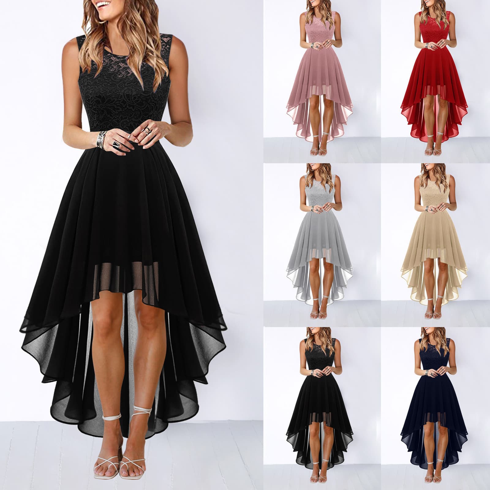 Breathable Chiffon Lace Dress – High Waist Hollow-Out Cocktail Party Gown For Women (8 Colors, XS-3XL, Sleeveless)
