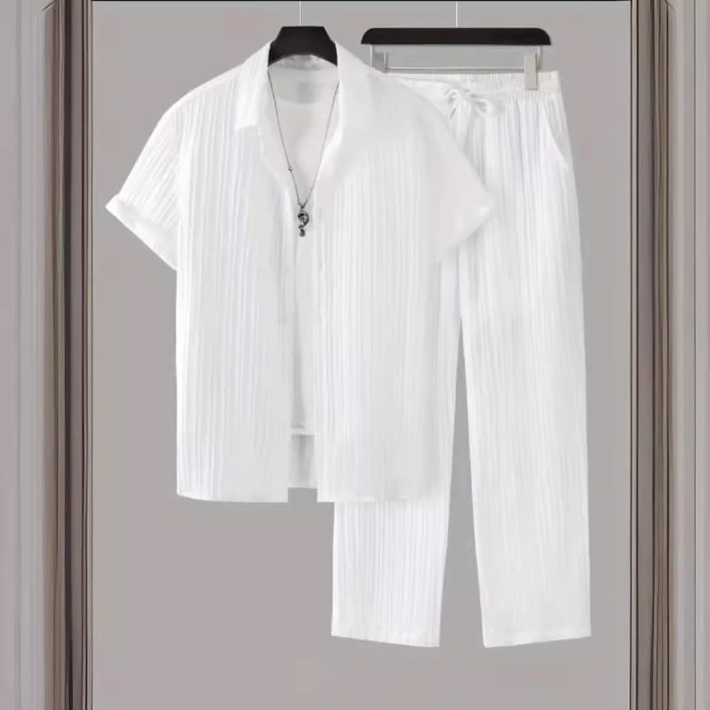 Men's Clothing Striped Short Sleeved Shirt Button Silk cotton Lapel Suit