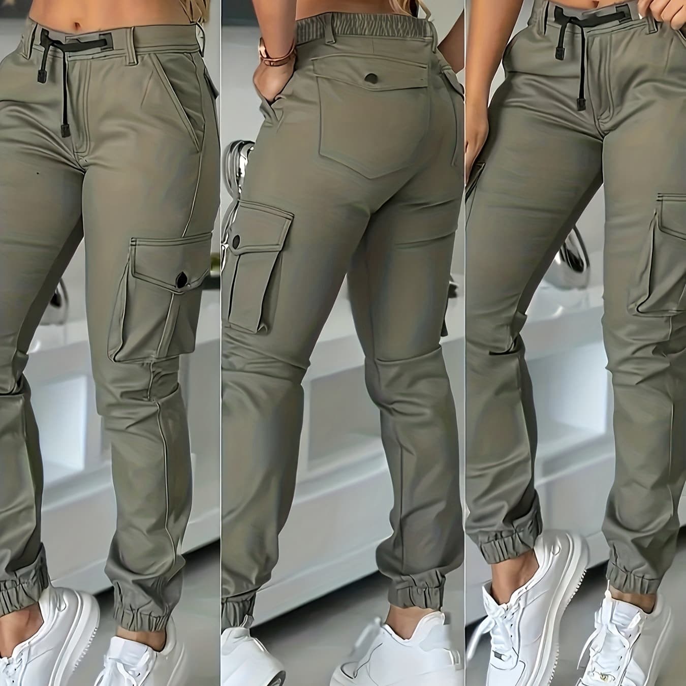 Women's Cargo Jogger Pants – Long Multi-Pocket Utility Trousers With Adjustable Drawstring (Olive/Black/White) – Casual Streetwear & Workout Pants