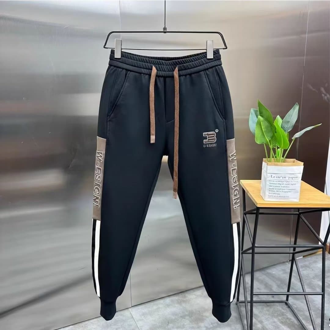 Men's clothing men's side stripe stitching large embroidery casual pants plus velvet elastic cuffs harem pants loose skinny pants