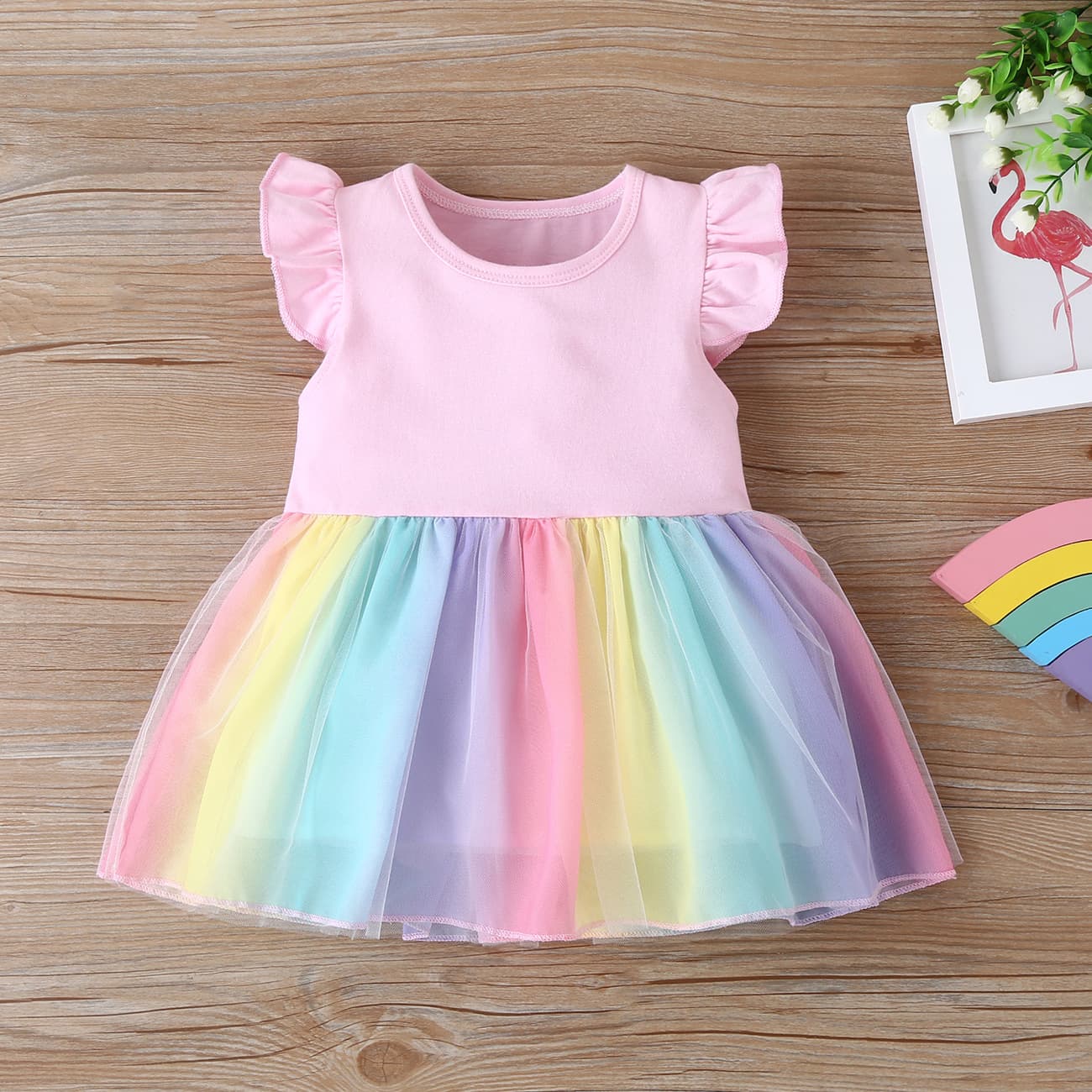 Mother Kids Summer Flying Sleeve Girls Mesh Rainbow Dress