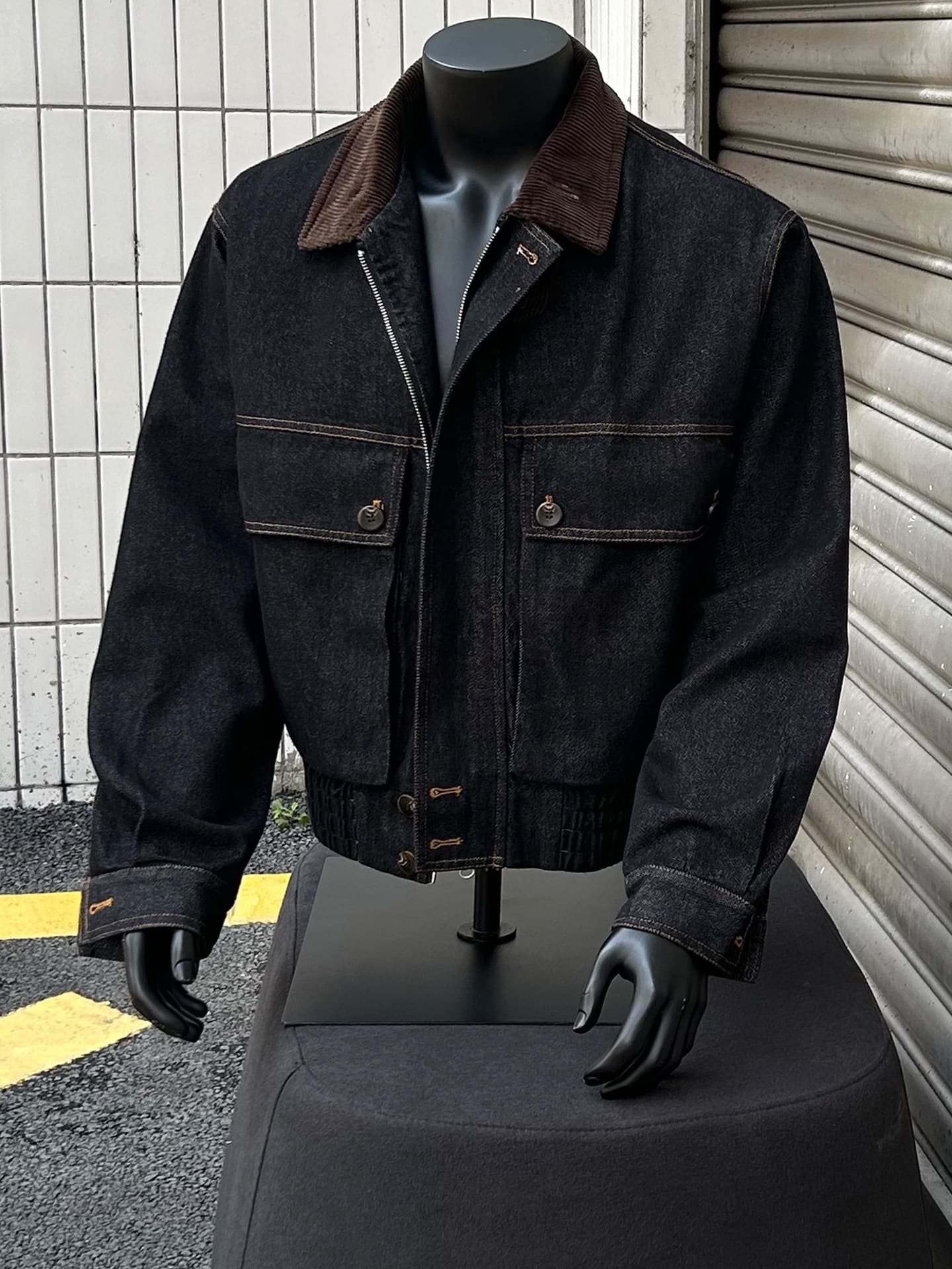 Veste en jean homme à col lanterne, coupe ample et décontractée, color block avec poches, marque américaine tendance