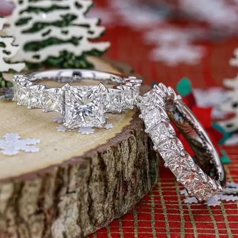2025 New Arrivals Huitan Princess Cut Square CZ Promise Rings 2Pcs/Set for Women Fashion Wedding Accessories High-Quality Female Jewelry