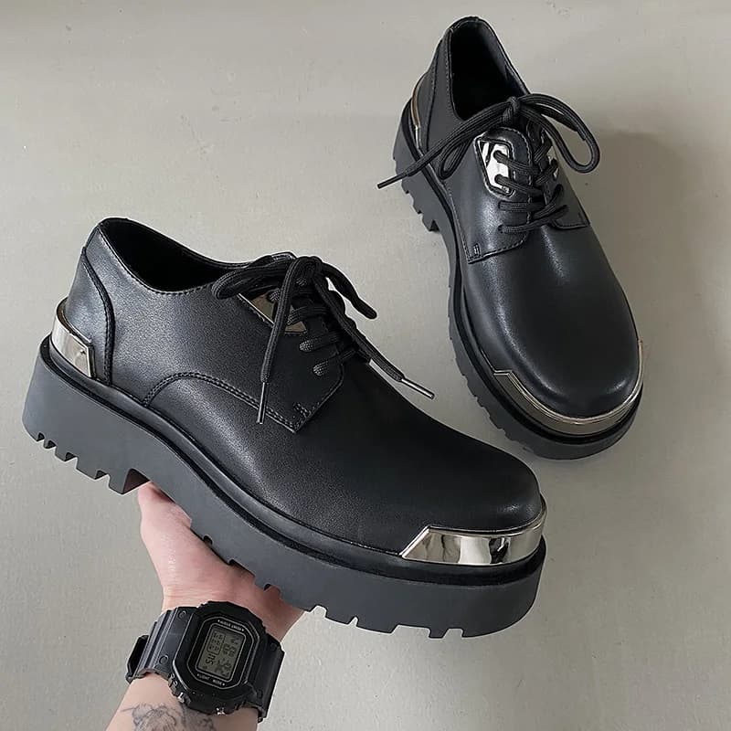 Men Harajuku Korean Man Leather Couple Shoes Streetwear Fashion Casual Thick Platform Metal Leather Wedding Men Loafers Shoes