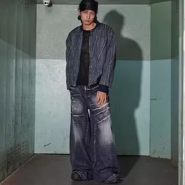 Unisex Distressed Tie-Dye Jeans – Oversized Wide-Leg Streetwear Pants With Lightning Wash & Retro Drop-Cuff Hem