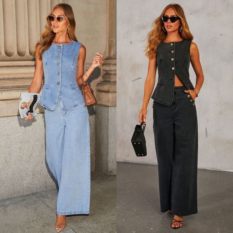Cross-borr European American Fashion Buttoned Sleeveless Vest And Wi-leg Jeans Women's Nim Suit Foreign