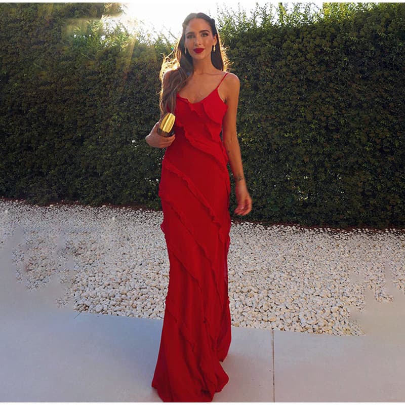 Women's Sexy Backless Chiffon Maxi Dress – Sling V-Neck, High Slit & Flowy Hemline For Evening Party (Black/Red)