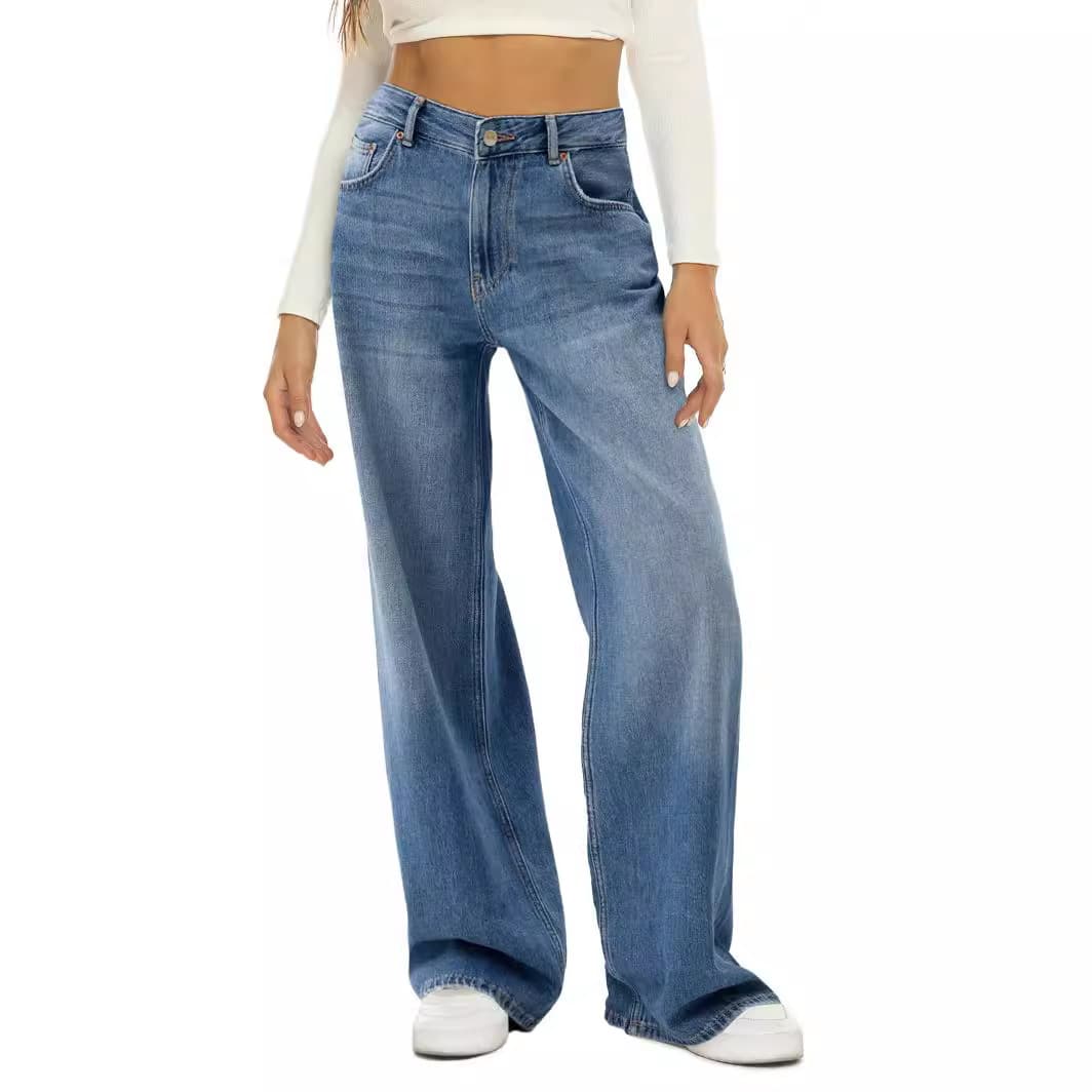 Women's Clothing Cat Whiskers And Maliu Loose Wide Leg Jeans For Women Solid Color Casual Versatile Denim Trousers
