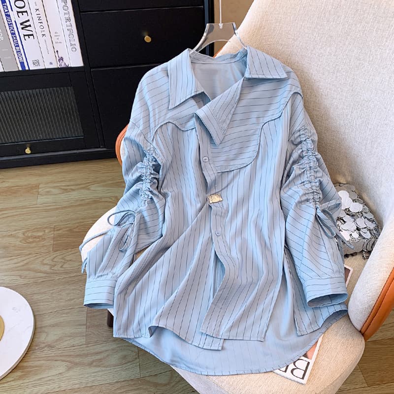 New Plus-size Women's Clothing, High-end Sense, Irregular Loose Blue Striped Long-sleeved Shirt Top