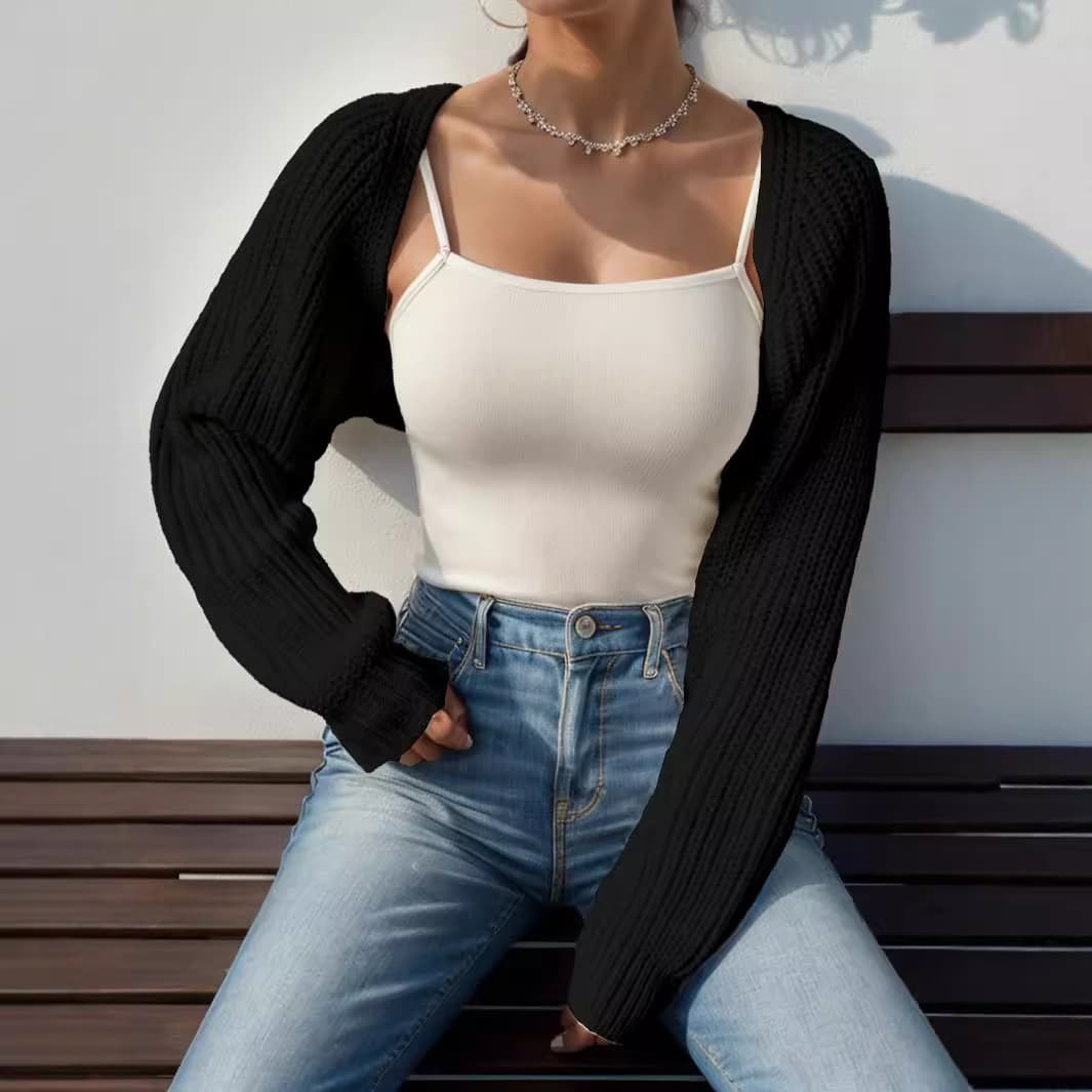 Women's Clothing Ribbed Knitted Raglan Sleeve Short Collar Cardigan