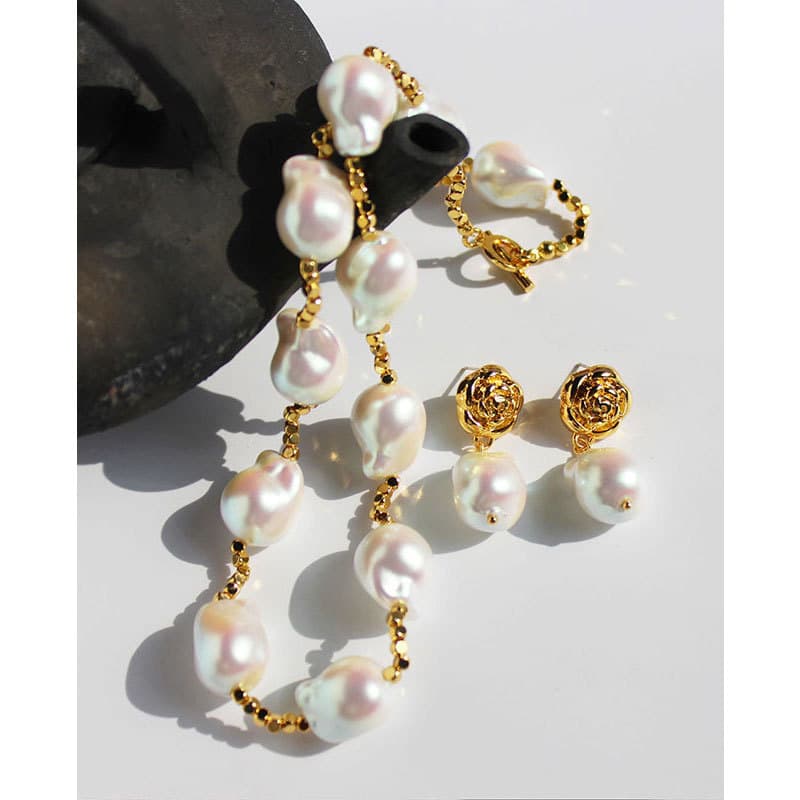 Women's Jewelry Vacuum Plating High Grade Baroque Pearl Clavicle Chain Mabe Pearl Necklace Female Camellia Earrings