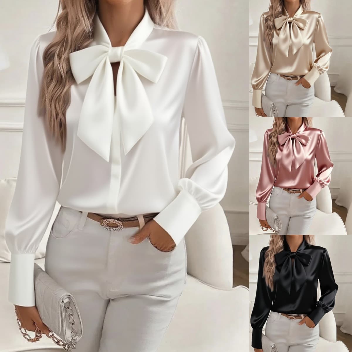 Elegant Satin Blouse With Bow Tie Detail - Long Sleeve Women's Shirt For Fall & Winter, Office & Casual Wear (Black, Khaki, Pink, White)