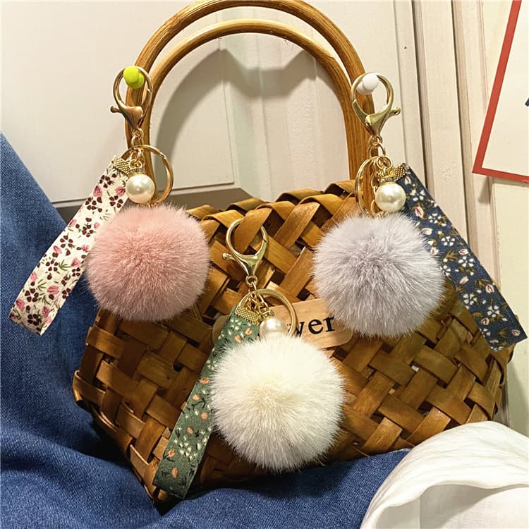Bag Charm Creative Floral Ribbon Keychain Cute Plush Bag Pendant Small Fresh Pearl Car Key Chain Accessories Pendant