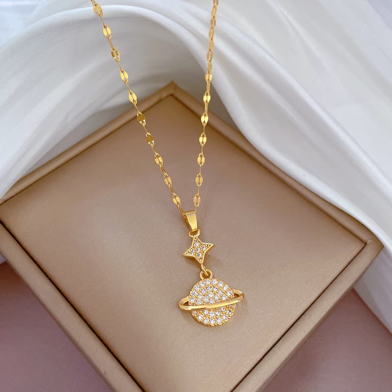 [Titanium Steel] Light Luxury Full Diamond Happy Planet Real Gold Necklace Women's Lucky INS Network Red Collar Chain