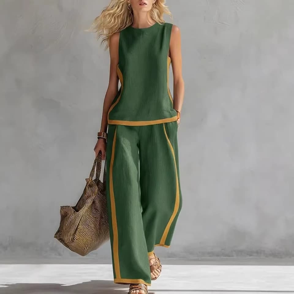 ​​Women's Casual Sleeveless Round Neck Top & High-Waisted Wide Leg Pants Set – Comfortable Loungewear, Versatile Outfit For Work & Leisure​​