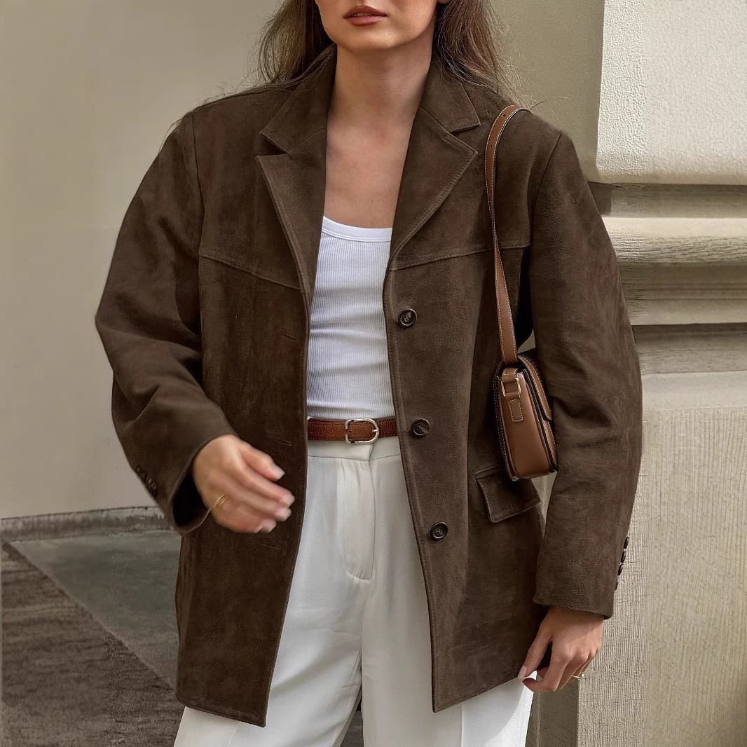 Women's Suede Blazer Jacket – 3D Effect, Oversized Fit, Long Sleeve, Casual Streetwear For Fall & Winter​