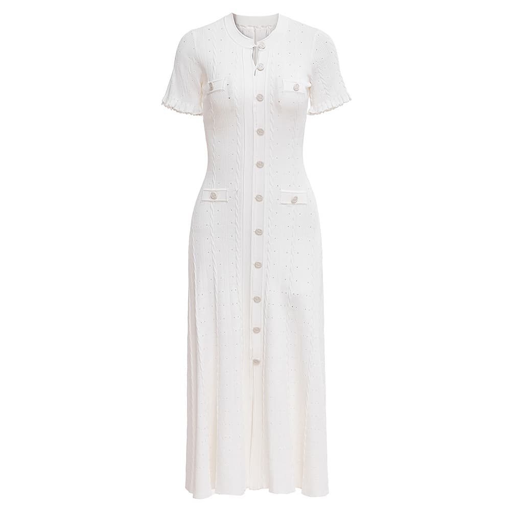 Elegant Petite Women's Knit Dress with round Neck Short Sleeve Lace-Up Detail Ribbed Button-Down Midi Dress