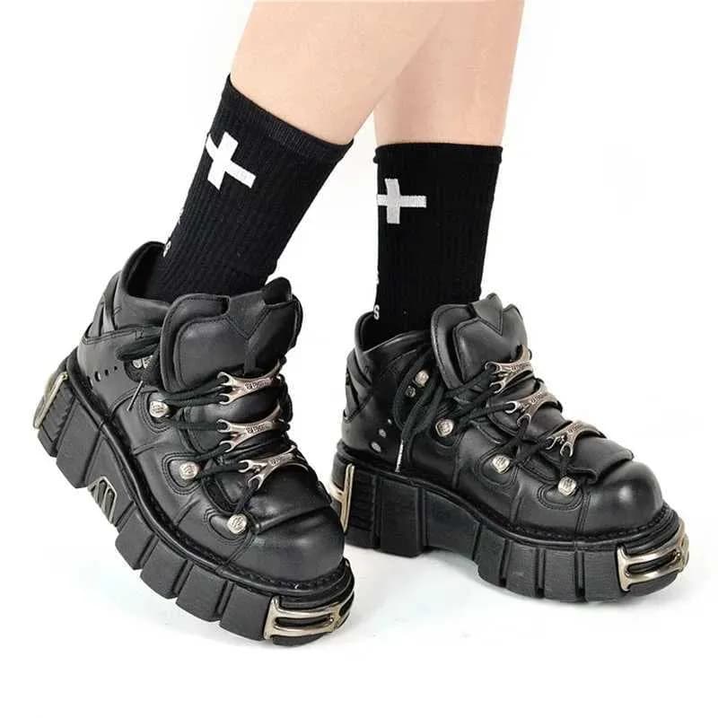 2024 New Punk Style Laces Heel Height 6CM Platform Rock Boots Metal Decoration Womens Sports Shoes T240530