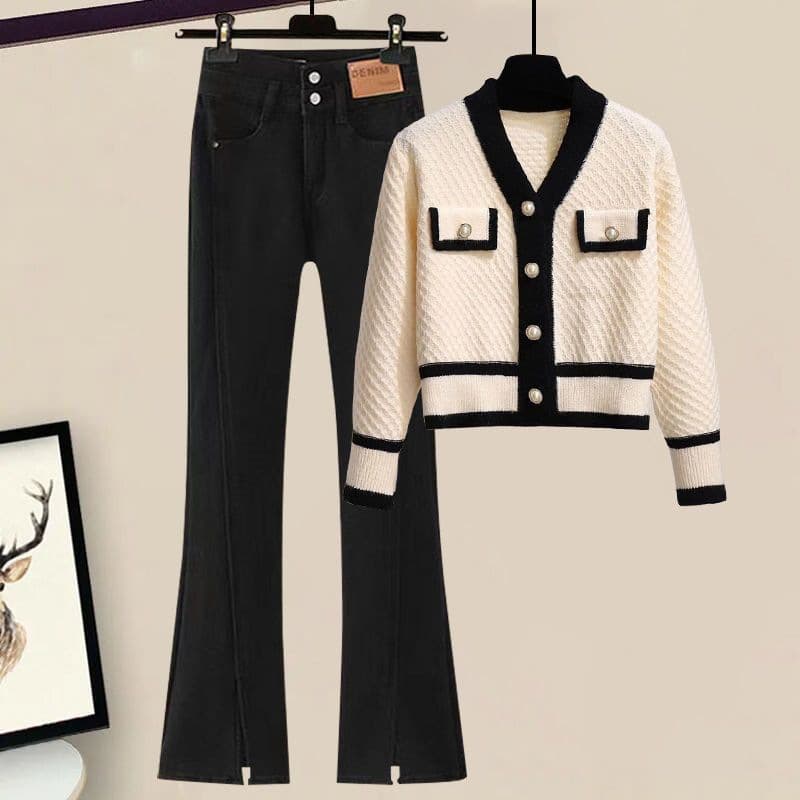 Women's Stylish Denim Set Knit Cardigan With Contrast Color Block Flared Bootcut Pants Slim Fit V-Neck Top HighSlit Bell Bottoms OfficeCasual Outfit