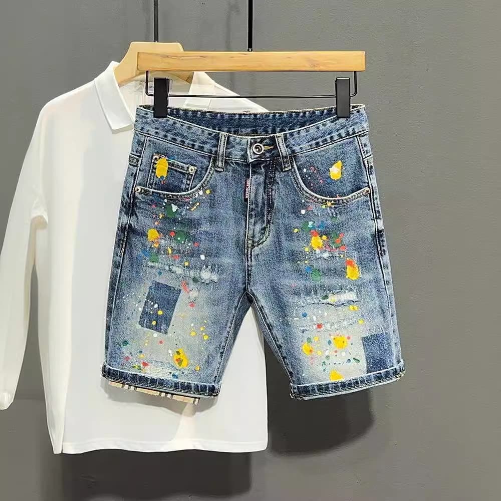 Men's Clothing Washed Blue Ripped Denim Shorts Trendy Splash Graffiti Slim Fit Five Point Pants