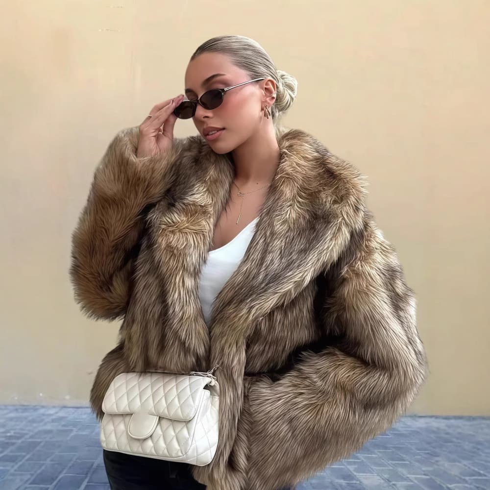 Women's Clothing Fashion Street Blasting Lapel Long Sleeved Fur Coat For Women Spring New Style Solid Color All Match Cardigan Fur Top