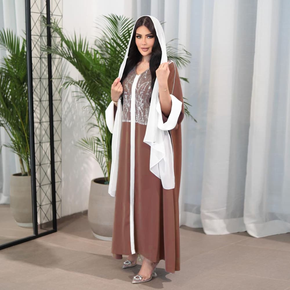 Women’s Clothing Muslim robe satin contrast color stitching sequin long skirt does not include headscarf
