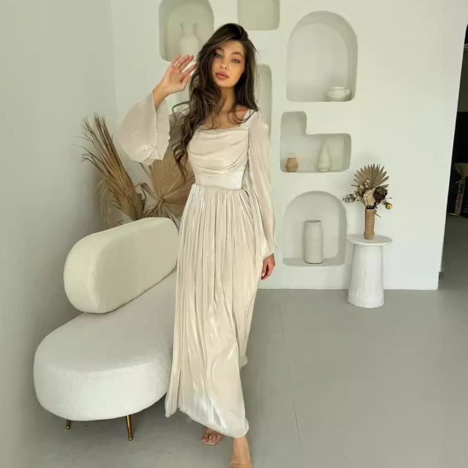 Women's Clothing autumn new French retro square neck elegant long sleeved pleated dress