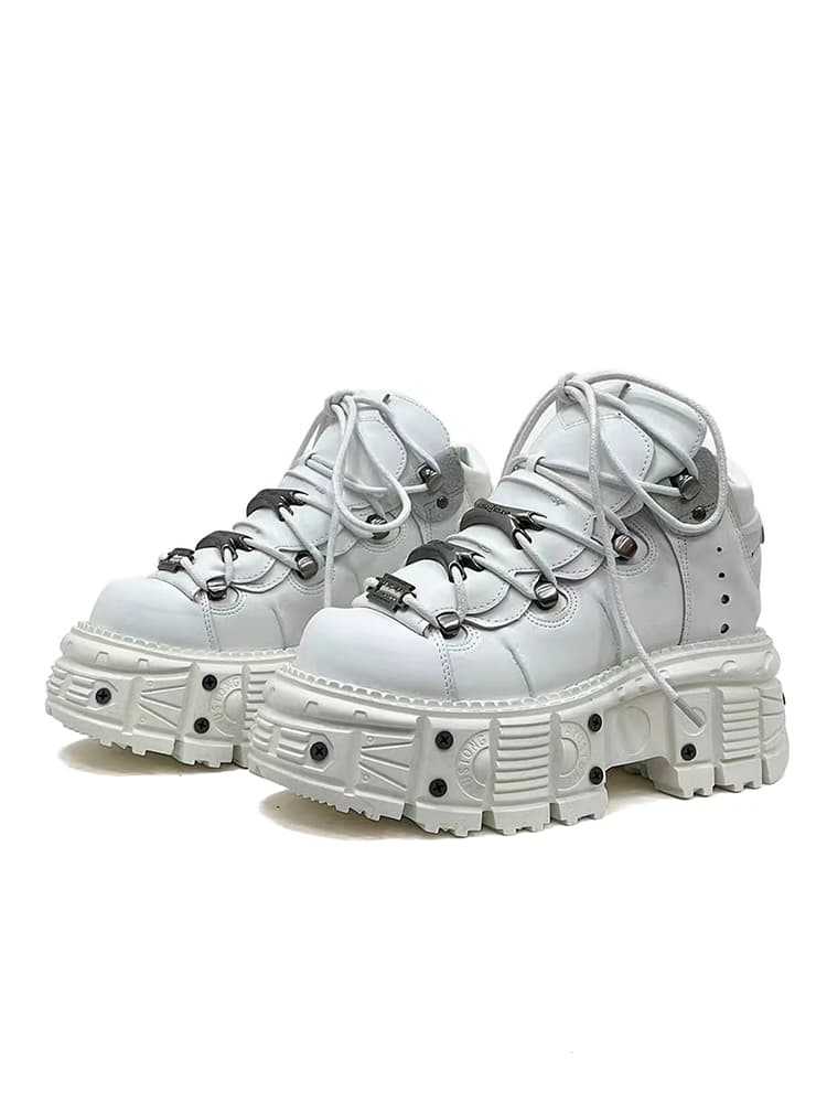 Punk Style Women Motorcycle Boots Woman Platform Leather Boots Men Gothic Ankle Rock Boots 2025 New Metal Decor Lace-up Shoes