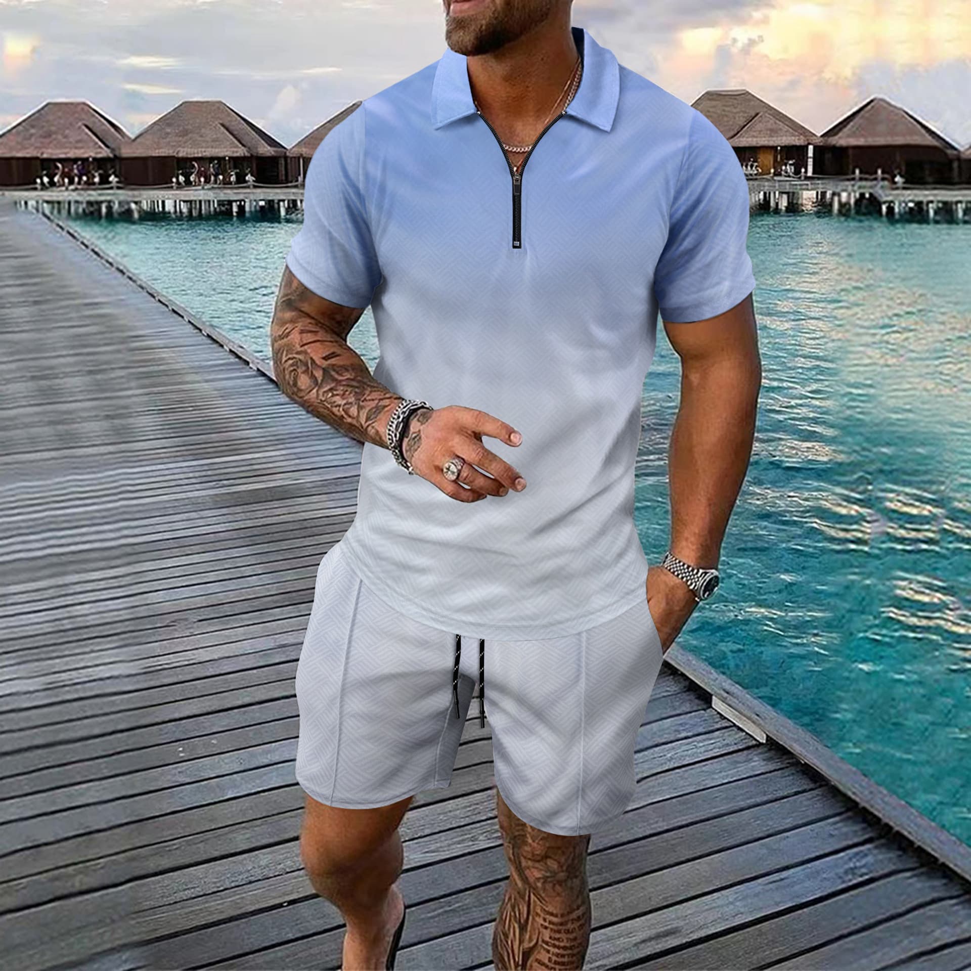 Men's Casual 2-Piece Set - Short Sleeve Zipper Shirt & Matching Shorts | Summer Outfit​