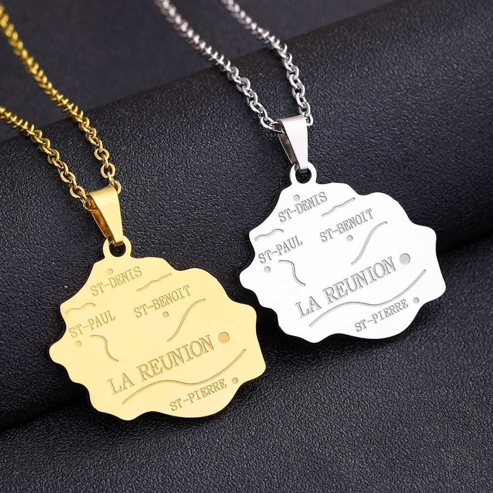 French reunion map pendant necklace geometric fashion men's and women's stainless steel pendant jewelry