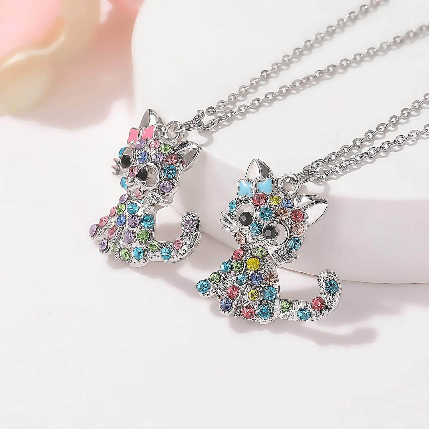 Cute Cat & Bowknot Pendant Necklace For Kids - Cartoon Animal Choker Gift For Christmas & Holidays (Blue/Pink, Adjustable 21-50cm)​
